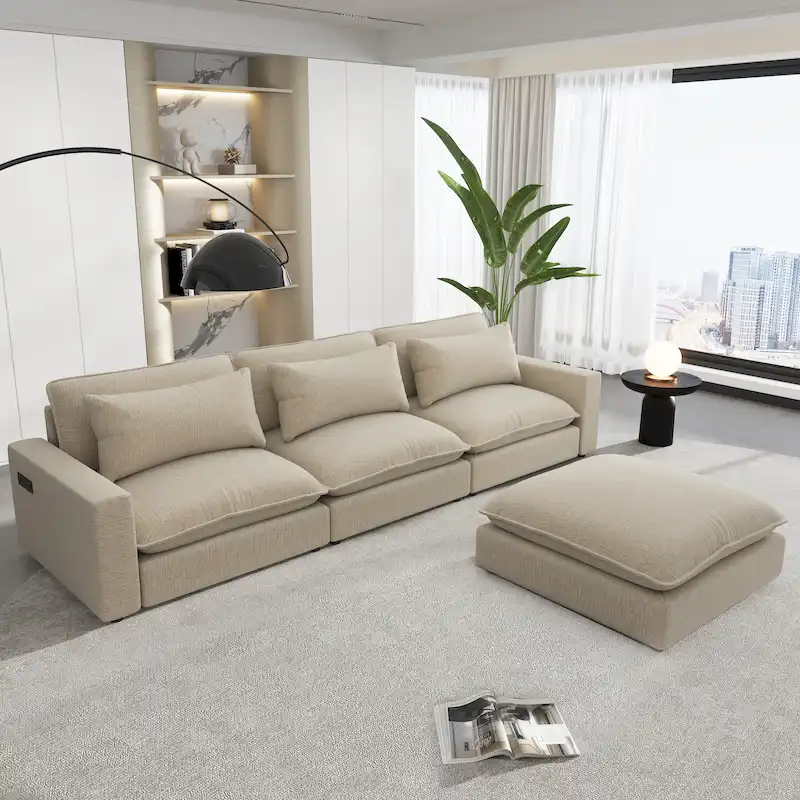 Sectional Sofa Cloud Sofa, Chenille Upholstered Sofa Couch with Movable Ottoman Charging Ports and 3 Back Pillows