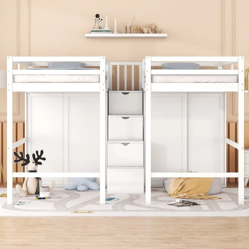 Double Twin Loft Beds with Wardrobes and Staircase