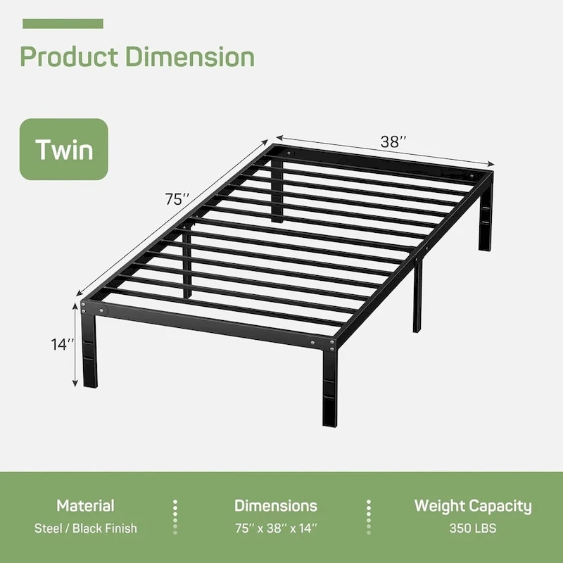 Bed Frame, Metal Platform Frames No Box Spring Needed, Heavy Duty with Storage Space, 14 Inches High, Sturdy Steel Slat Support