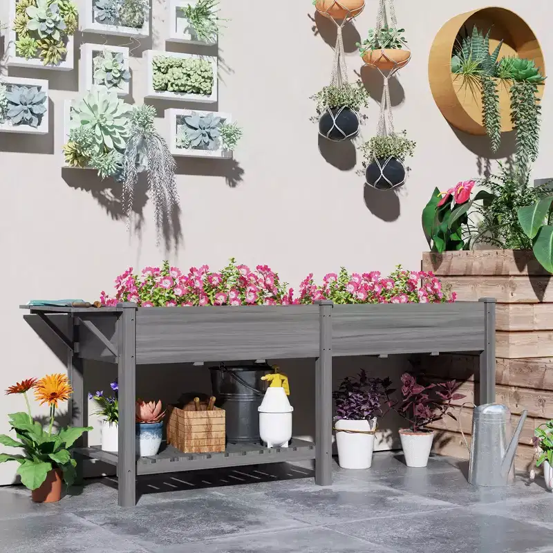Outsunny Raised Garden Bed, Wood Elevated Planter Box with Side Table, Bottom Shelf, Bed Liners and Drainage Holes