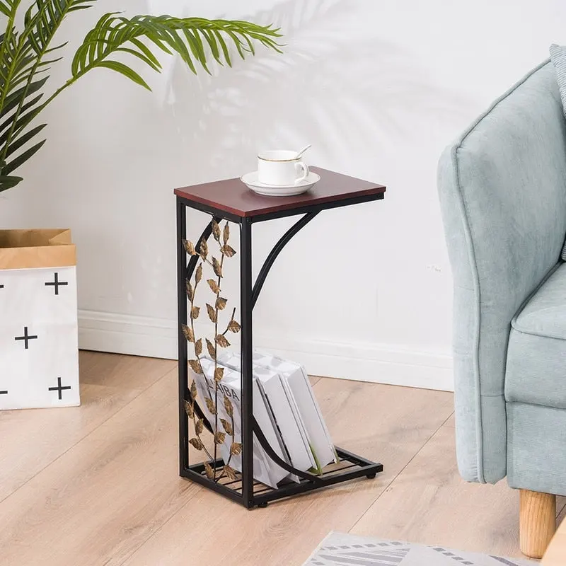 C-Shape Leaf Pattern Iron Side Table – Brown & Golden / Black, Single