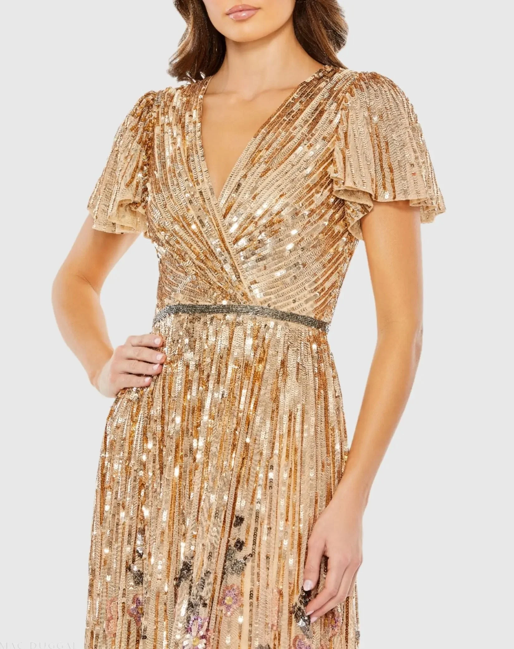Gold Flounce Sleeve V Neck Gown