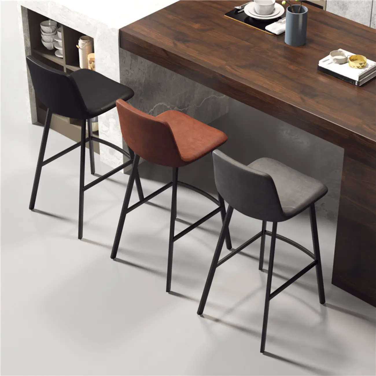 Scandinavian Leather Black Frame Bar Stool