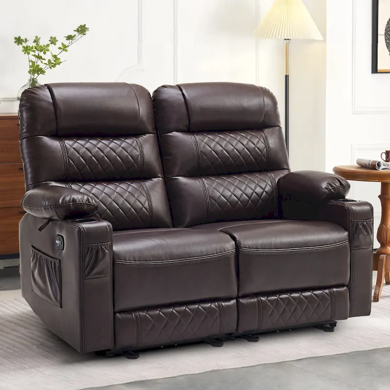 Power Reclining Loveseat for 2 - Saddle / Dark Brown / Light Grey, Heat & Vibration, USB Ports, Cup Holders