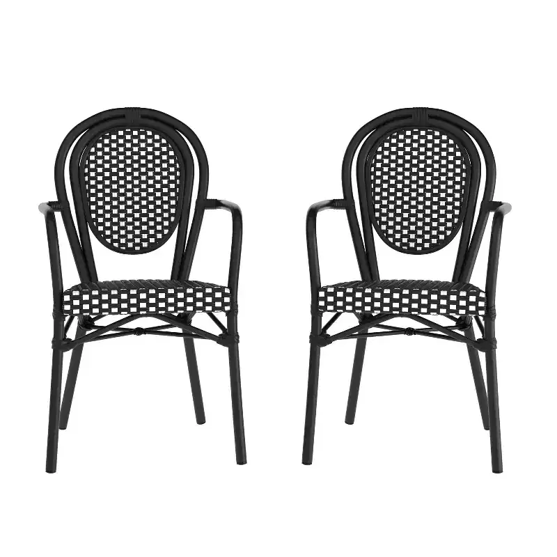 Flash Furniture 2 Pack Lourdes Indoor/Outdoor Commercial Thonet Bistro Stacking Chair with Arms, PE Rattan and Aluminum Frame
