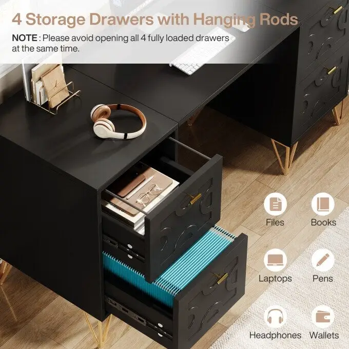 White Computer Desk with File Drawers, 59 Modern Home Office Desk