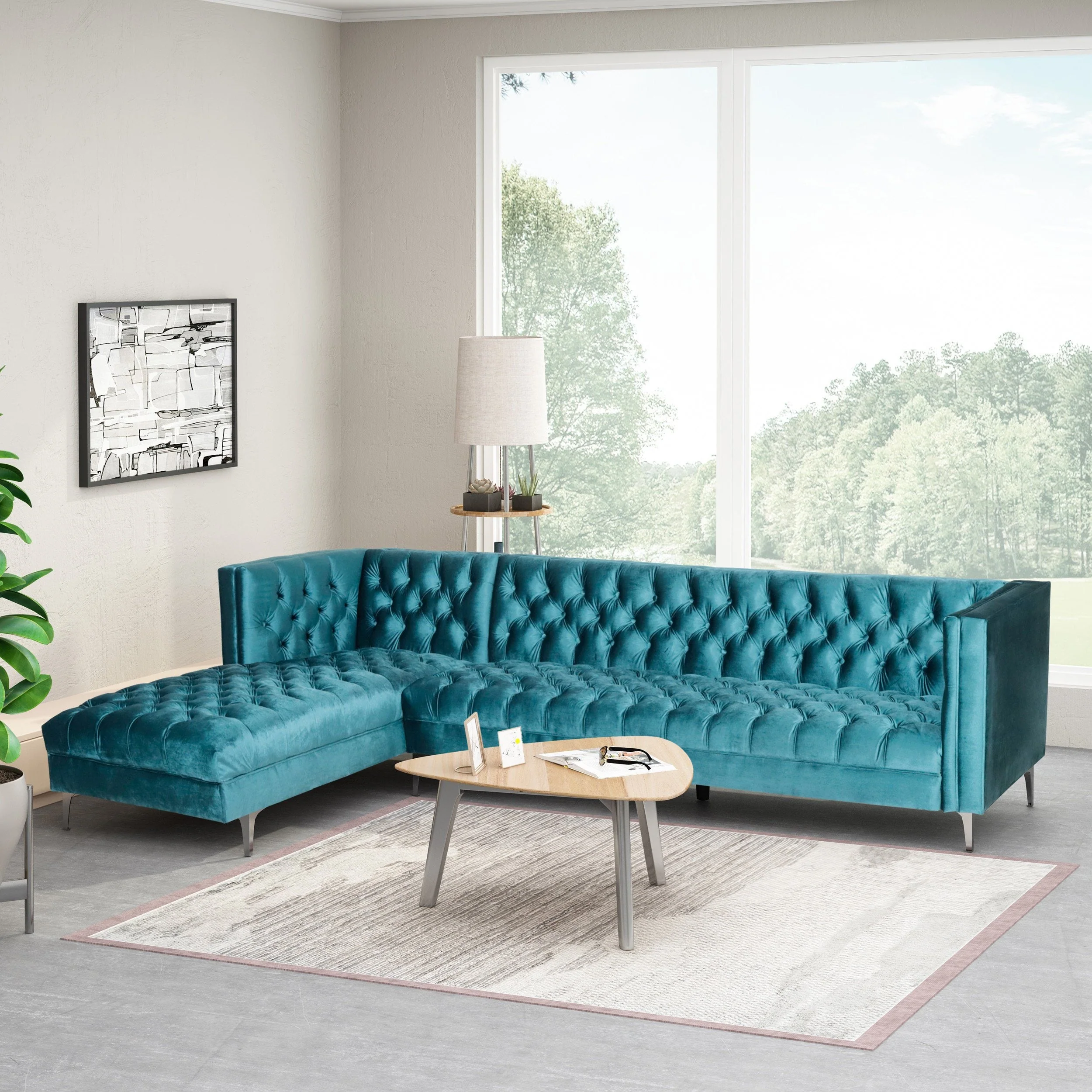 Contemporary Tufted Velvet Chaise Sectional - NH035413