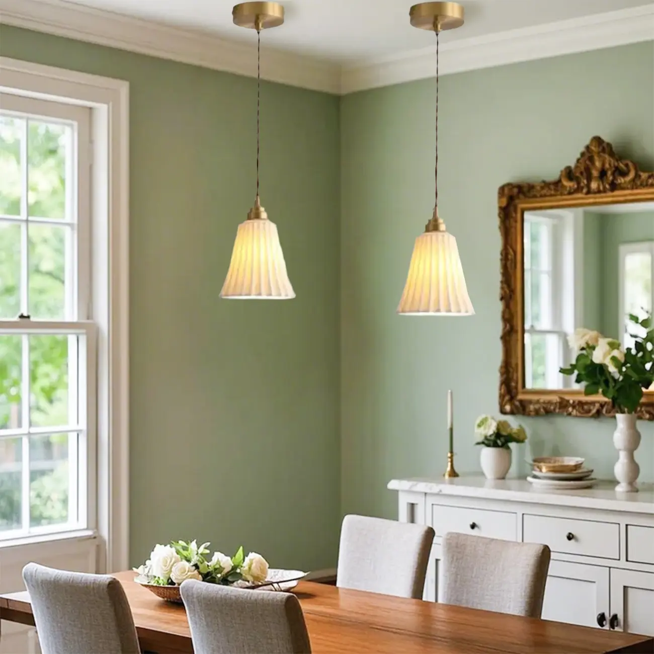 Elegant Cylinder Lampshade White Ceramic Pendant Lamp for Bedroom