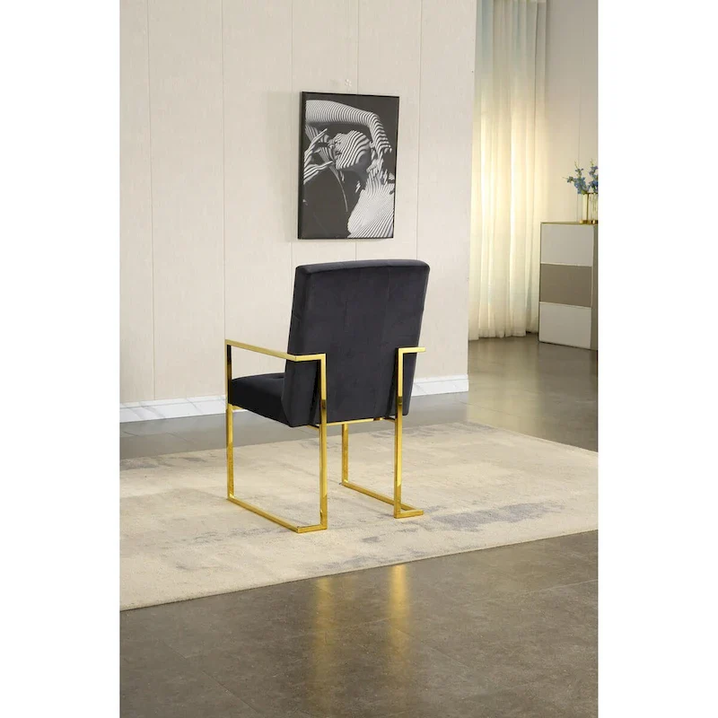 Modern Velvet Dining Arm Chair Set of 1, Tufted Design and Gold Finish Stainless Base