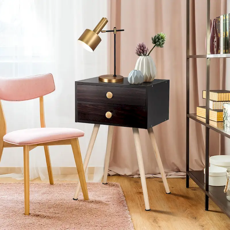 Espresso 2-Drawer Nightstand, Mid-Century Style, Single