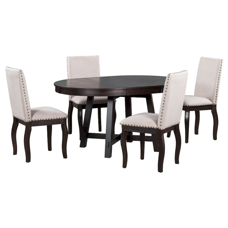 5-Piece Farmhouse Dining Table Set Wood Round Extendable Dining Table and 4 Upholstered Dining Chairs