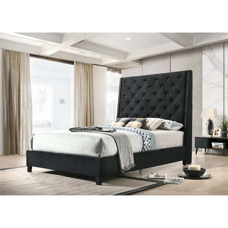 Black Velvet Button-Tufted Upholstered Bed – Queen / King