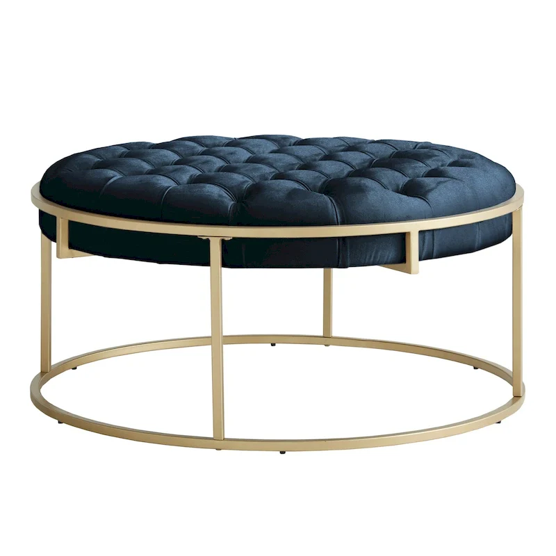 Gold Finish Velvet Button Tufted Round Ottoman
