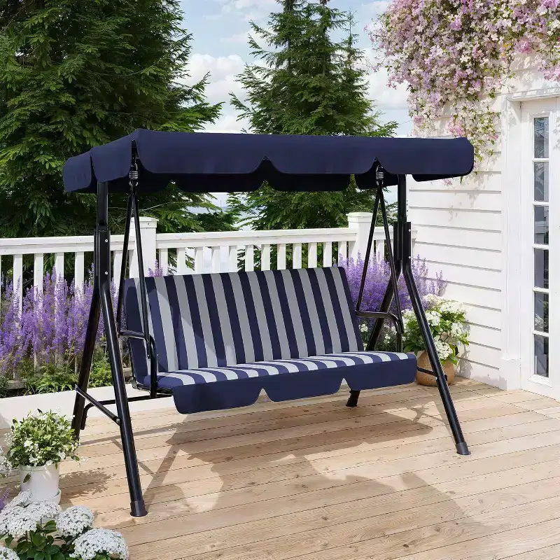 Outdoor Porch Swing with Adjustable Canopy, 3-Seat Patio Swing Chair with Stand, Heavy Duty Metal Frame for Garden, Backyard & Poolside, Khaki.