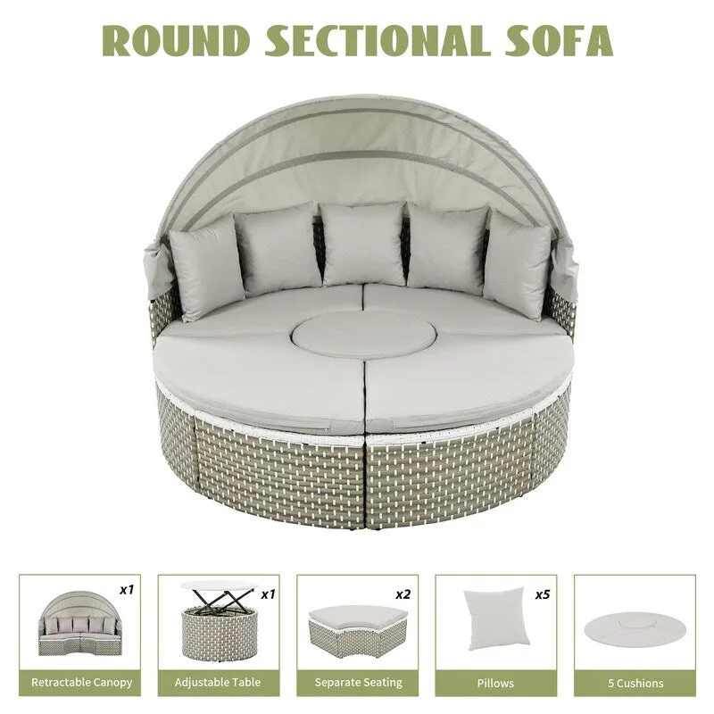 Round Patio Sectional Sofa Set  Two-Tone Rattan Daybed with Retractable Canopy & Modular Seating