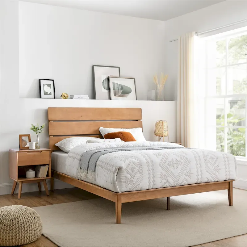 MUSEHOMEINC Low Profile Modern Wooden Platform Bed with Adjustable Height Headboard for Bedroom, Wooden Bed Frame with Headboard