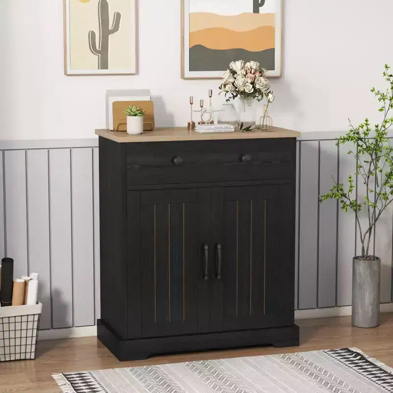 Black Modern Kitchen Cabinet with 2 Doors & Drawer,Storage Cabinet with Adjustable Shelf, Wooden Coffee Bar Buffet Table for Living Room