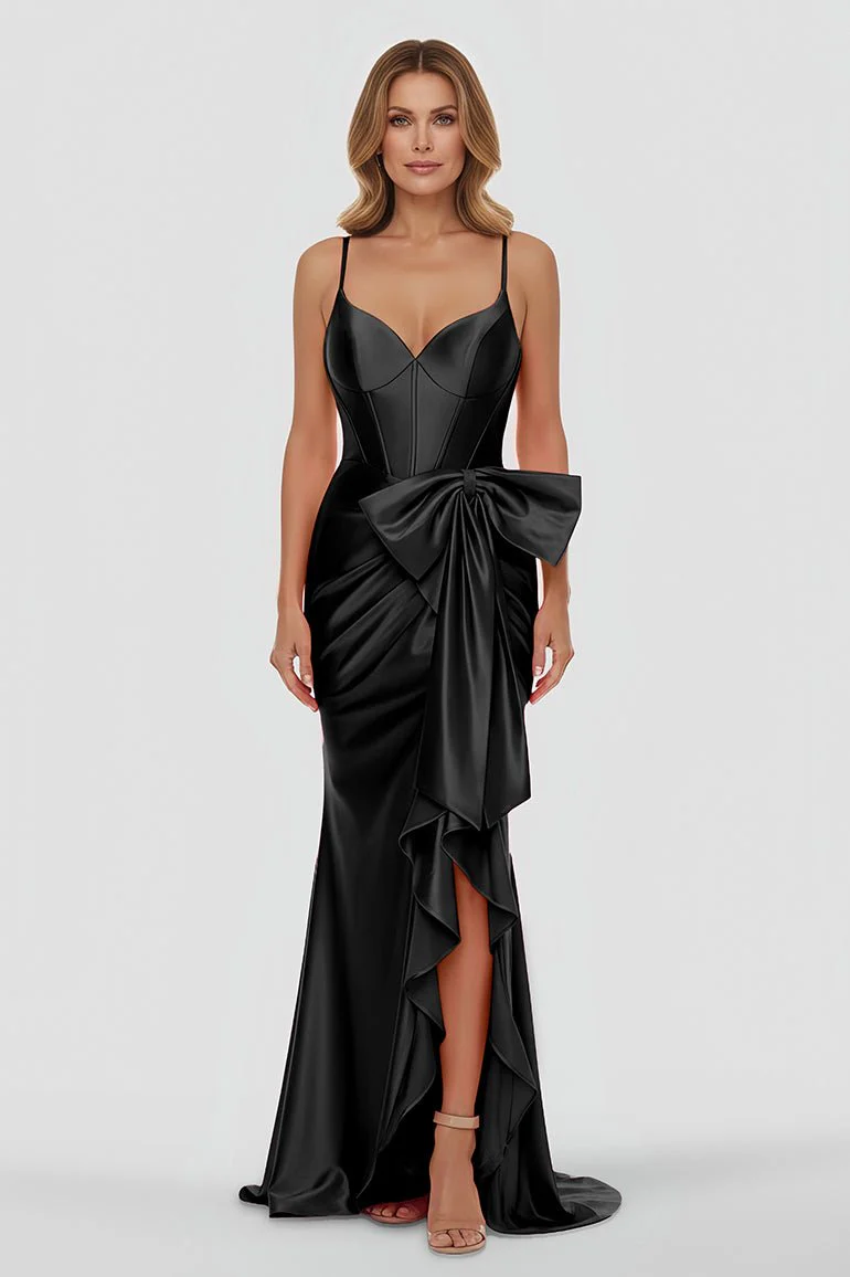 Straps V-Neck Satin Mermaid Prom Dress with Bow