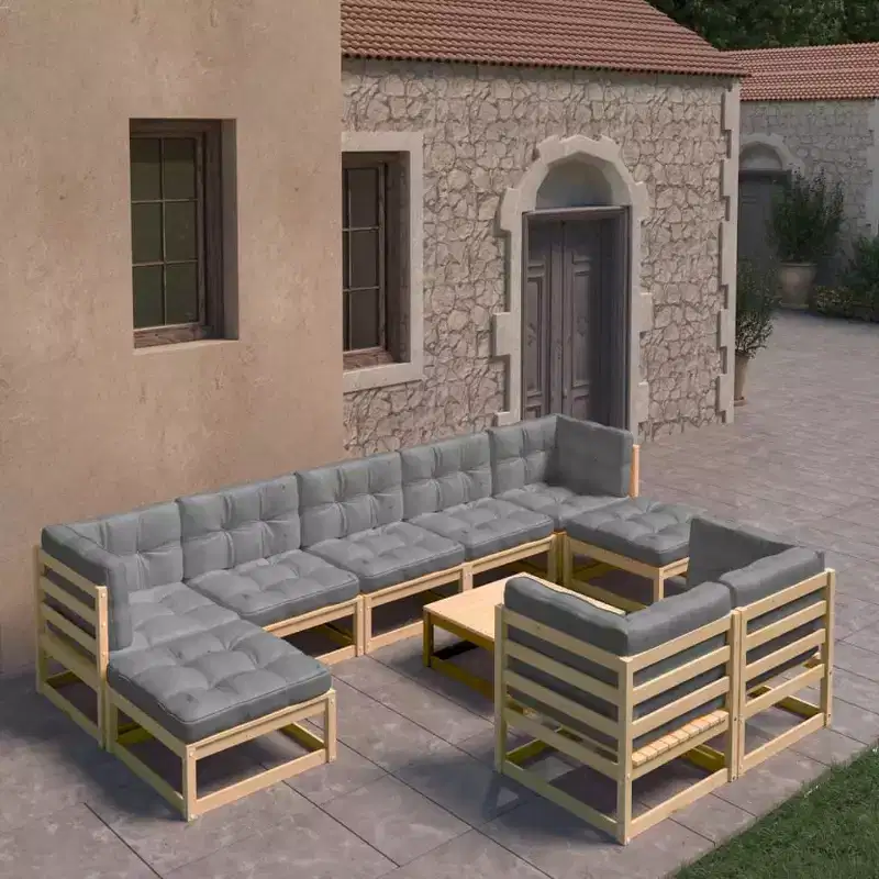 vidaXL Patio Furniture Set 10 Piece Outdoor Sectional Sofa Solid Wood Pine - Natural With Cushions