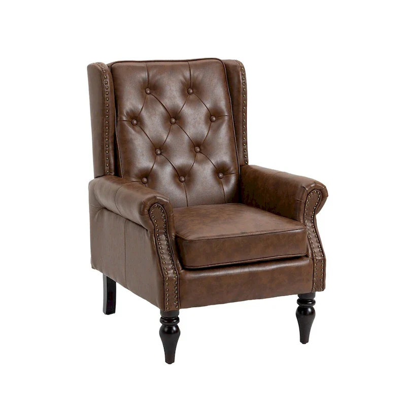 Upholstered PU Leather Accent Chair,Mid Century Button Tufted High Back Arm Chair with Armrest and Solid Wood Legs