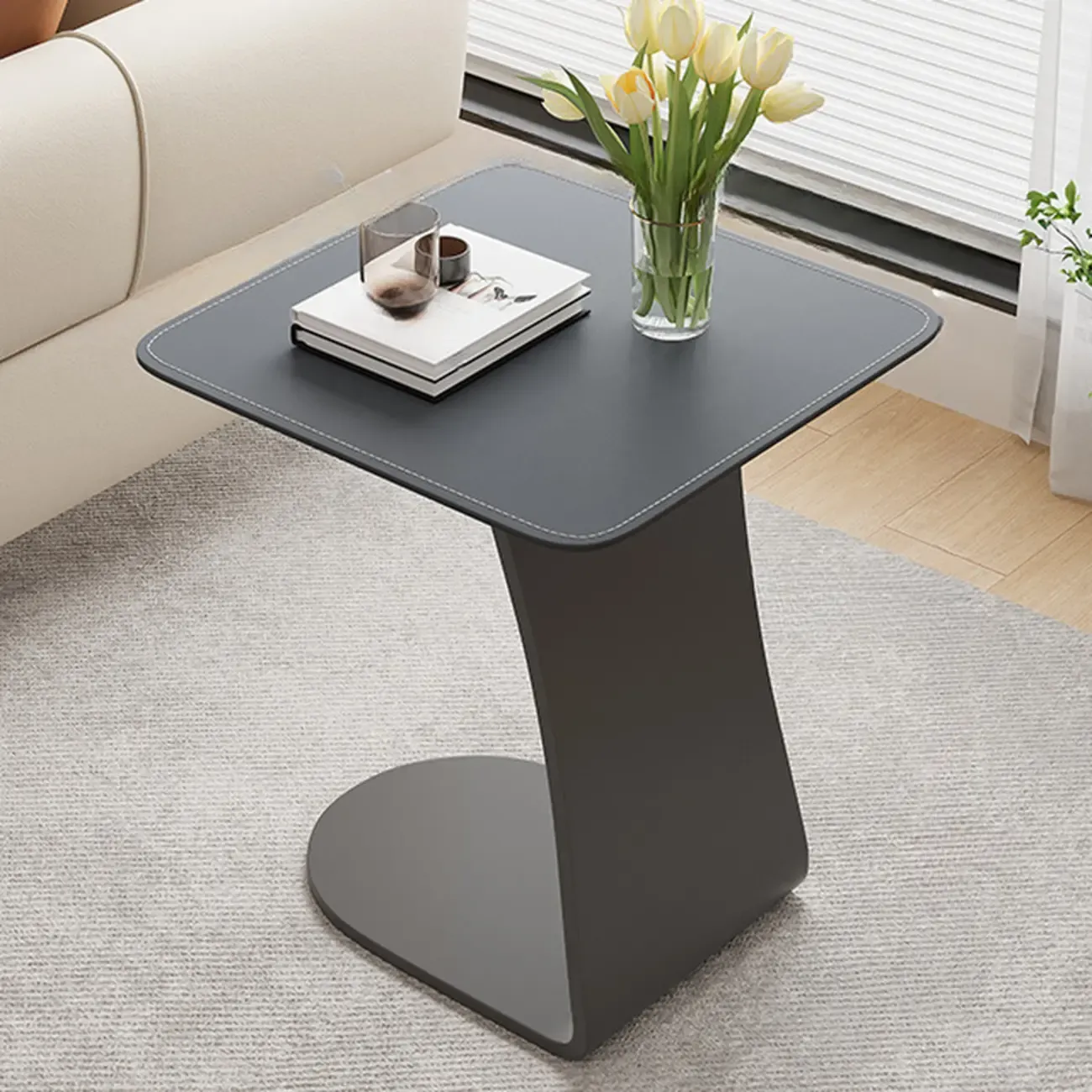 HomeyFad Square Leather Top C-Shape Metal Side Table
