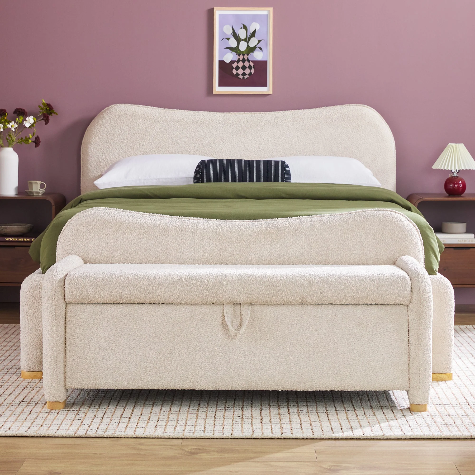 Chantelle Modern Curve Boucle Upholstered Bench with Storage