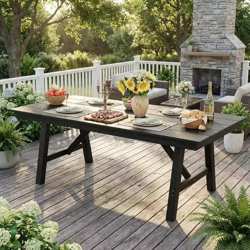 66.9 Outdoor Dining Table for 4-6, HDPE Patio Table with Umbrella Hole, Waterproof All-Weather Rectangular Table for Backyard, Poolside & Garden