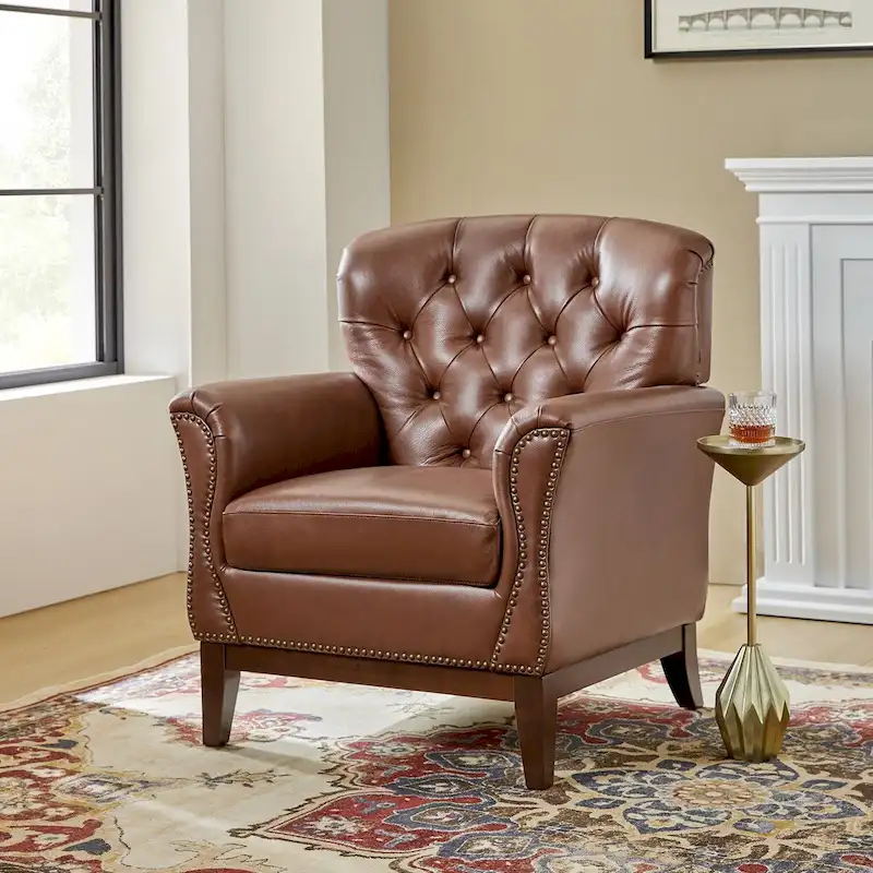 Burt Traditional Genuine Leather Accent Chair with Tufted Wing Back