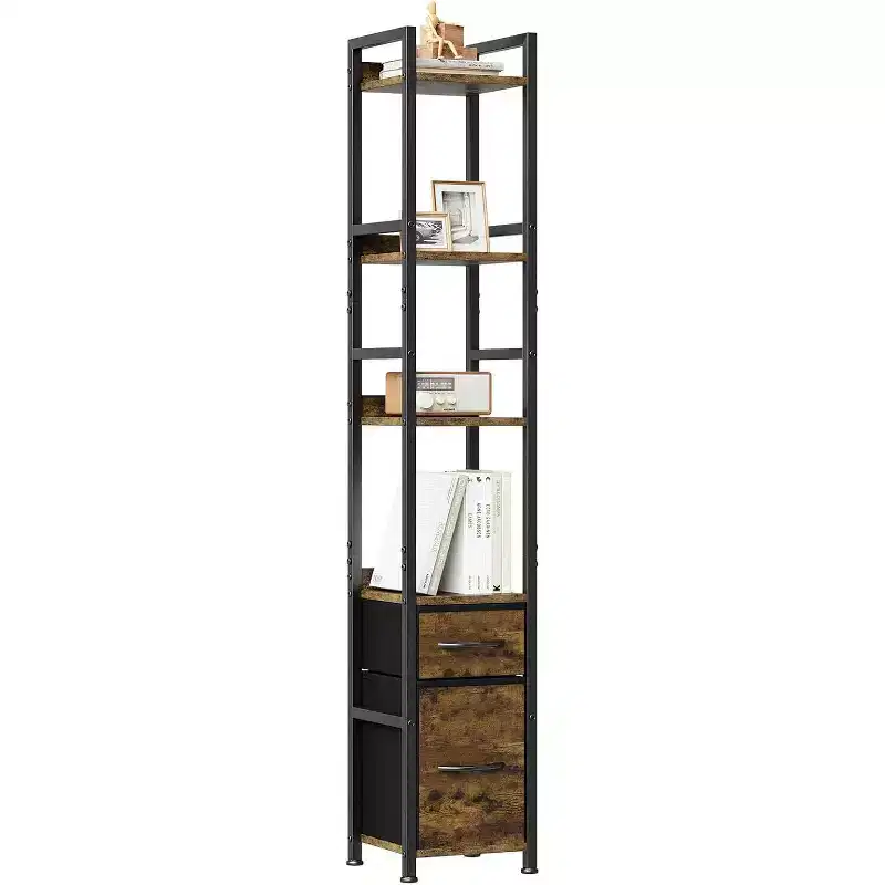 Industrial 4-Tier Bookcase, Tall Narrow Shelf with Fabric Drawers, Metal Frame Storage Organizer, for Living Room, Bedroom, or Office