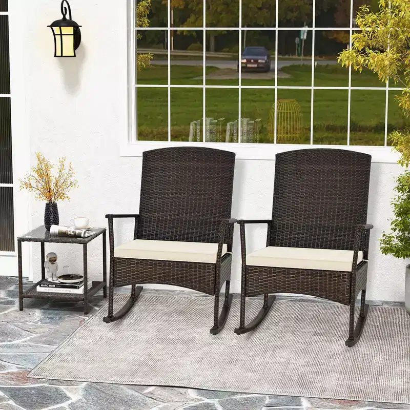 Costway 3 Piece Patio Rocking Set Wicker Rocking Chairs with 2-Tier Coffee Table Turquoise/Off White/Black