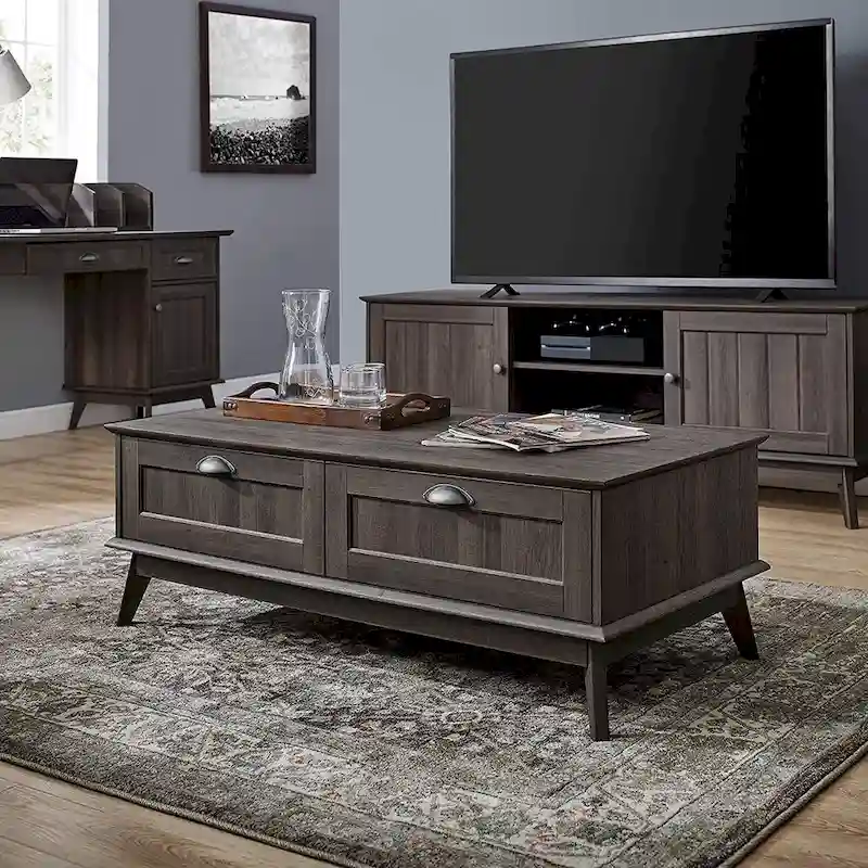 Golden Oak / Smoked Oak Scandinavian Coffee Table with 2 Full-Extension Drawers, 1-Person
