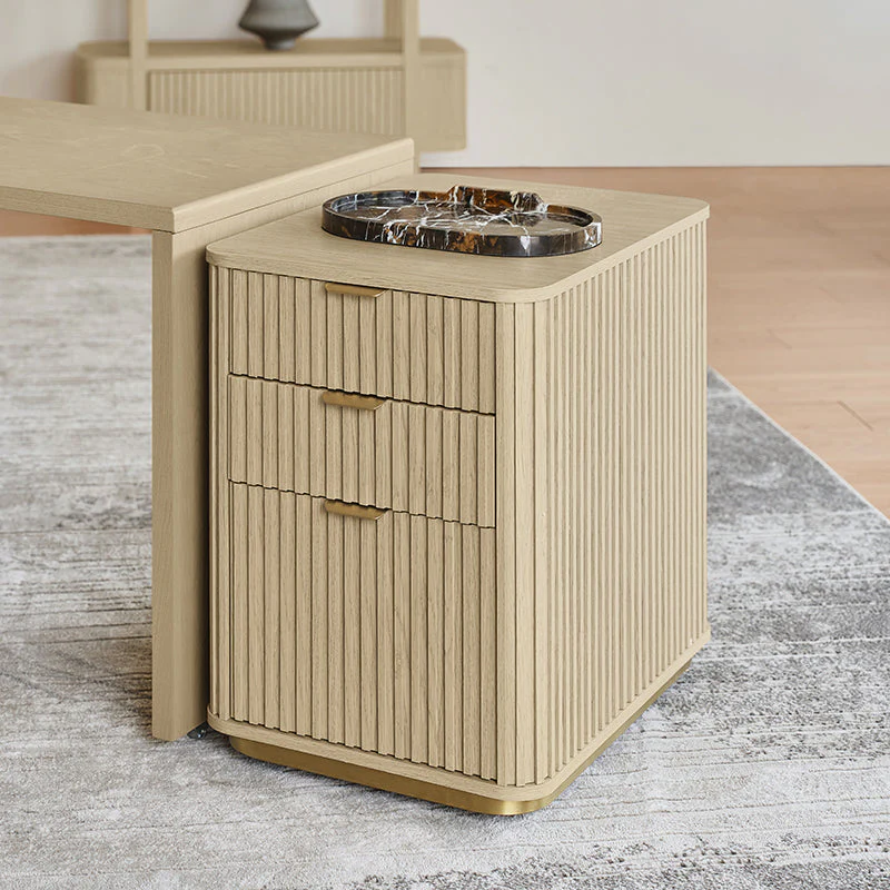 Fluted 3-Drawer Cabinet with Rounded Edges, Metal Handles, Slim Metal Base & Casters | Natural | Single