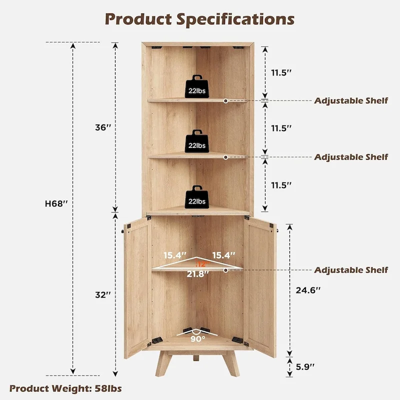Natural Rattan Corner Cabinet, Modern Corner Bathroom Storage Cabinet
