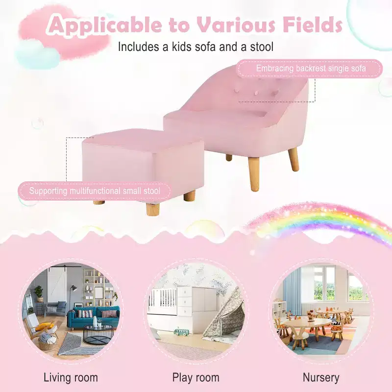 Costway Kids Sofa Chair w/ Ottoman Toddler Single Sofa Velvet Upholstered Couch Grey\Pink