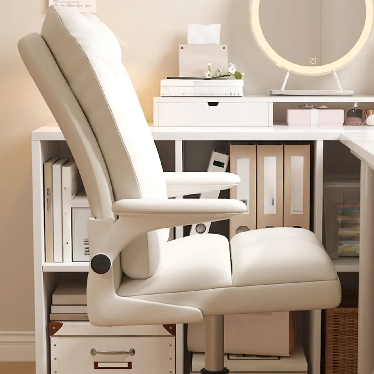 Modern White Fabric Upholstered Adjustable Swivel Office Chair