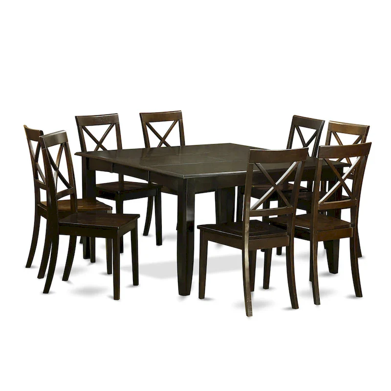 Square Wooden Dining Table with Butterfly Leaf and 8 Kitchen Dining Chairs, Cappuccino