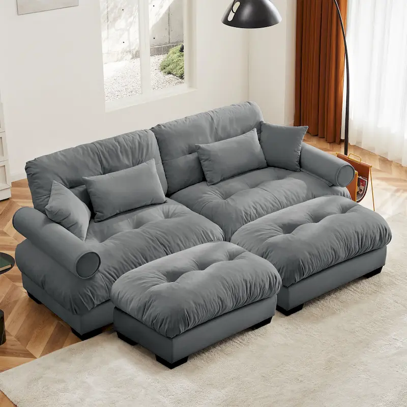 Velvet Fabric Loveseat Couch Modular Sectional Sofa with 2 Ottomans