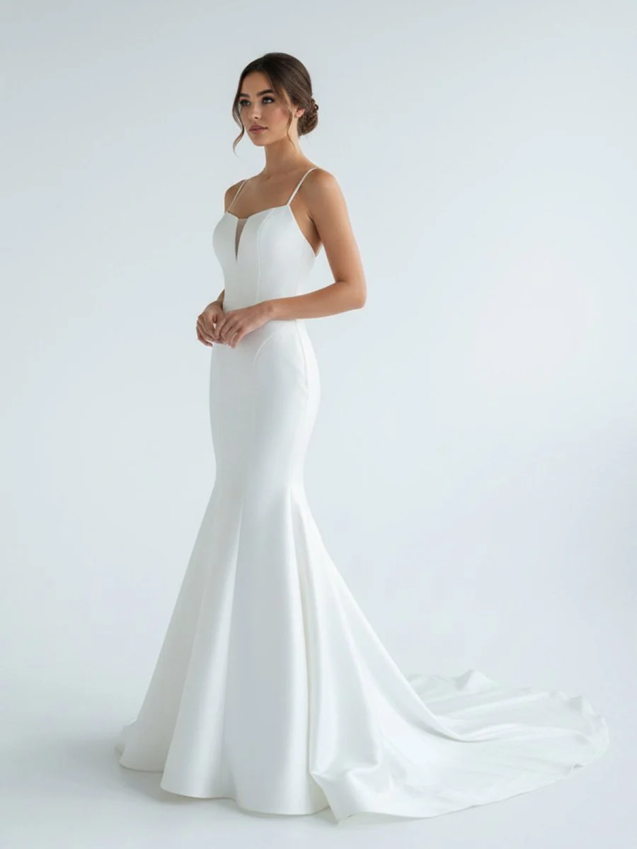 Mermaid White Spaghetti Straps Long Lace Wedding Dress