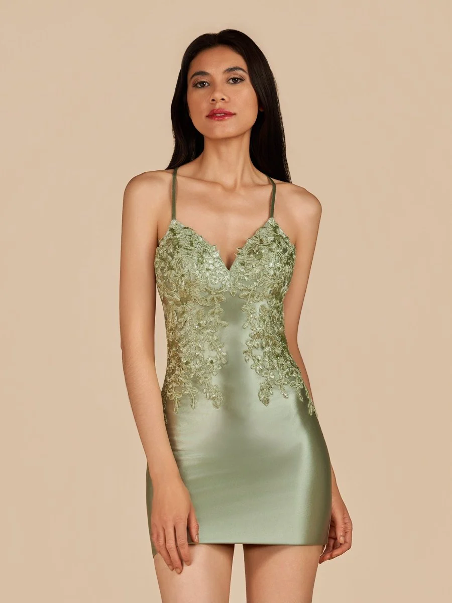 Sage - V Neck Bodycon Satin Sequins Homecoming Dresses With Appliques