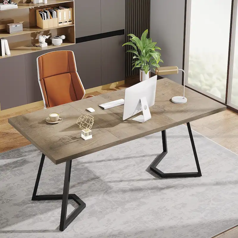 Home Office Computer Desk, White Gold 55 In Faux Marble Executive Desk