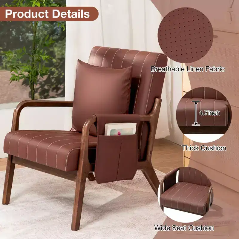 Hommpa Mid-century Accent Chair Ergonomic Leather Armchair with Wood Frame & Lumbar Pillow Brown