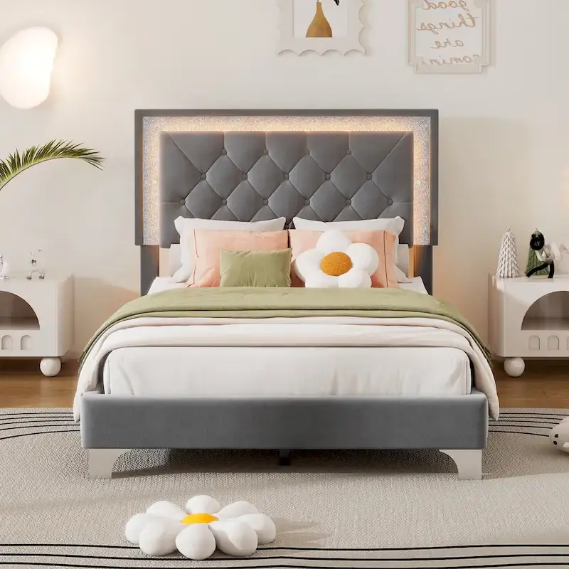 Grey Twin Velvet Upholstered Bed with LED Lights & Tufted Headboard - Single Use