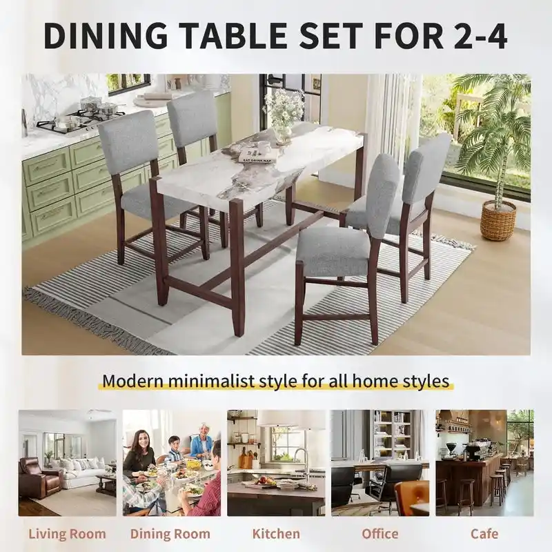 Modern 5-Piece Counter Height Dining Table Set, Faux Marble Bar Table and 4 Upholstered-Seat Chairs