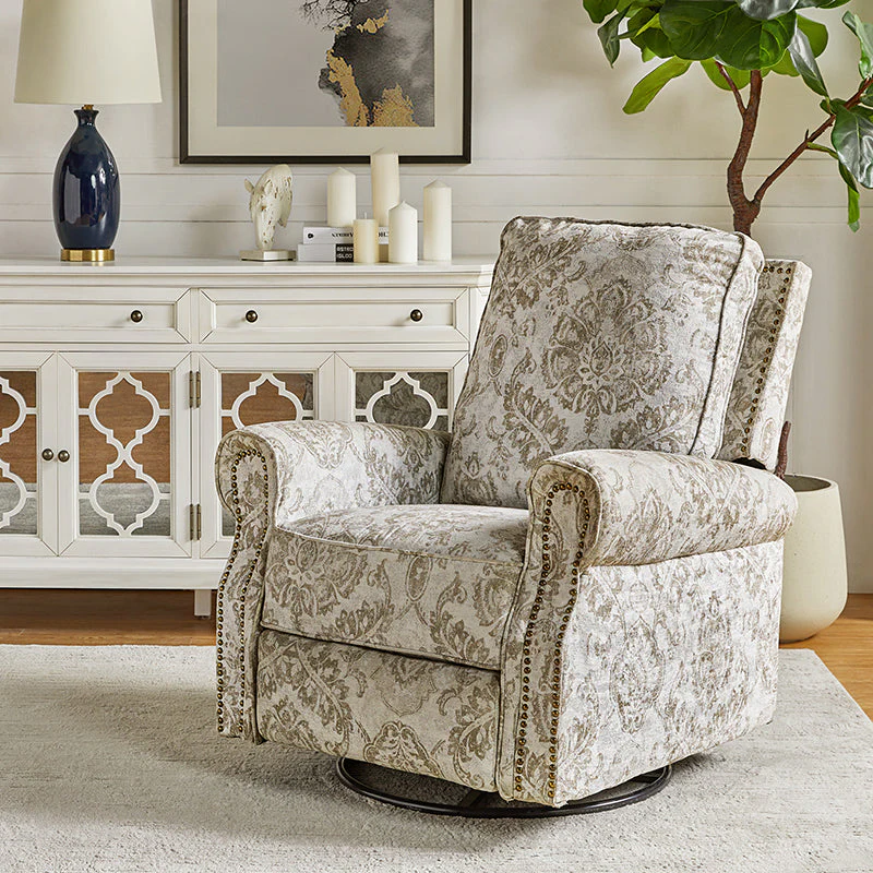 Polyester Manual Swivel Glider Recliner with 360° Swivel, Rocker & Pop-Up Footrest | Beige / Jacobean / Teal / Blue / Damask / Navy / Medallion | Single Seat
