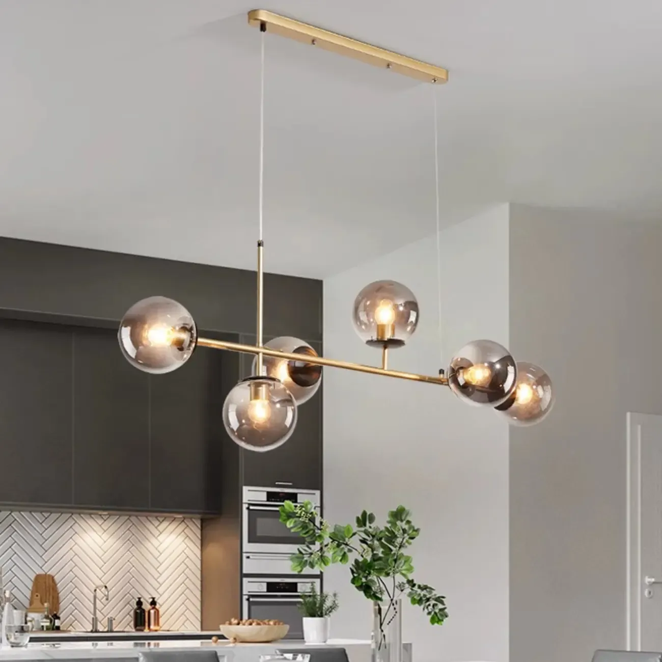 6 Light Glass Globe Island Pendant Light with Adjustable Length