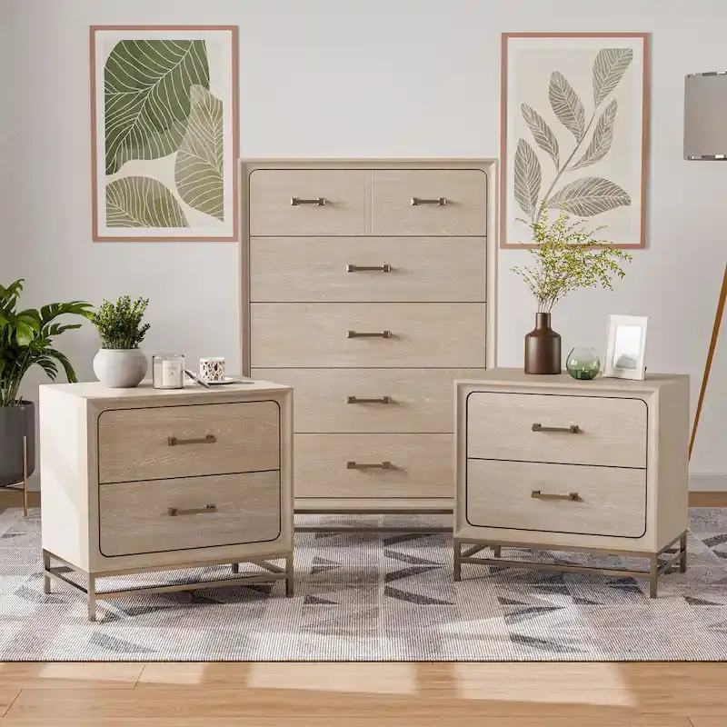 Furniture of America Drayden Transitional Oak Solid Wood 3-Piece Chest and 2 Nightstand Bedroom Set