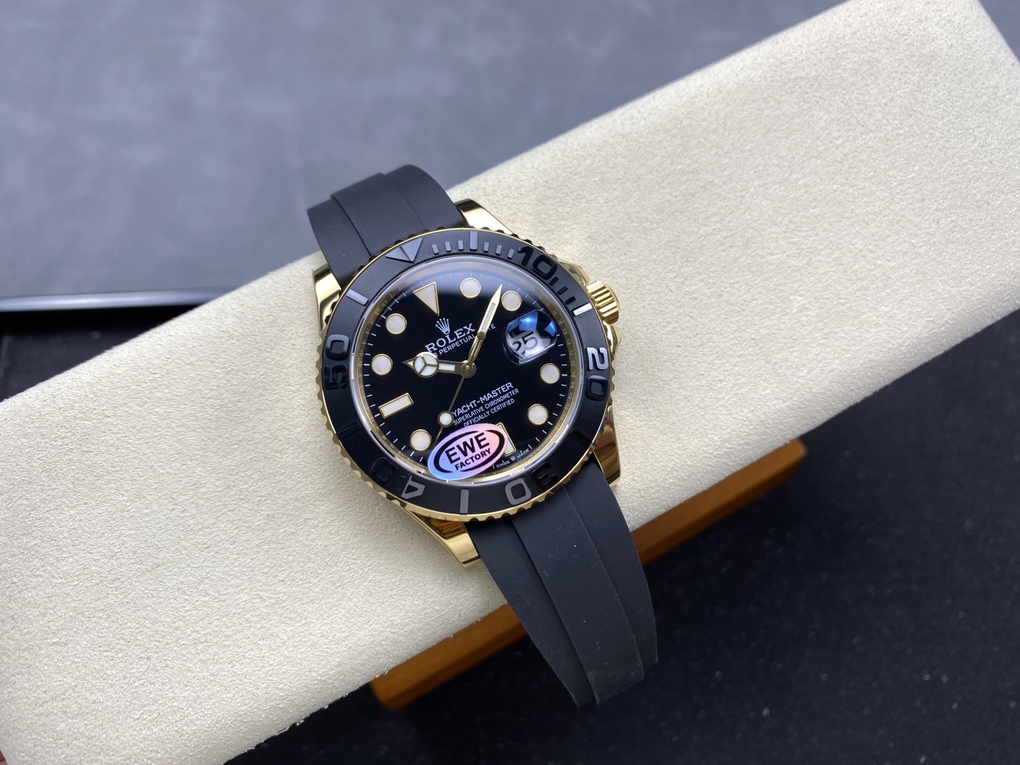 Gold and black Rolex Yacht-Master 40mm super clone with EWF factory sticker on dial