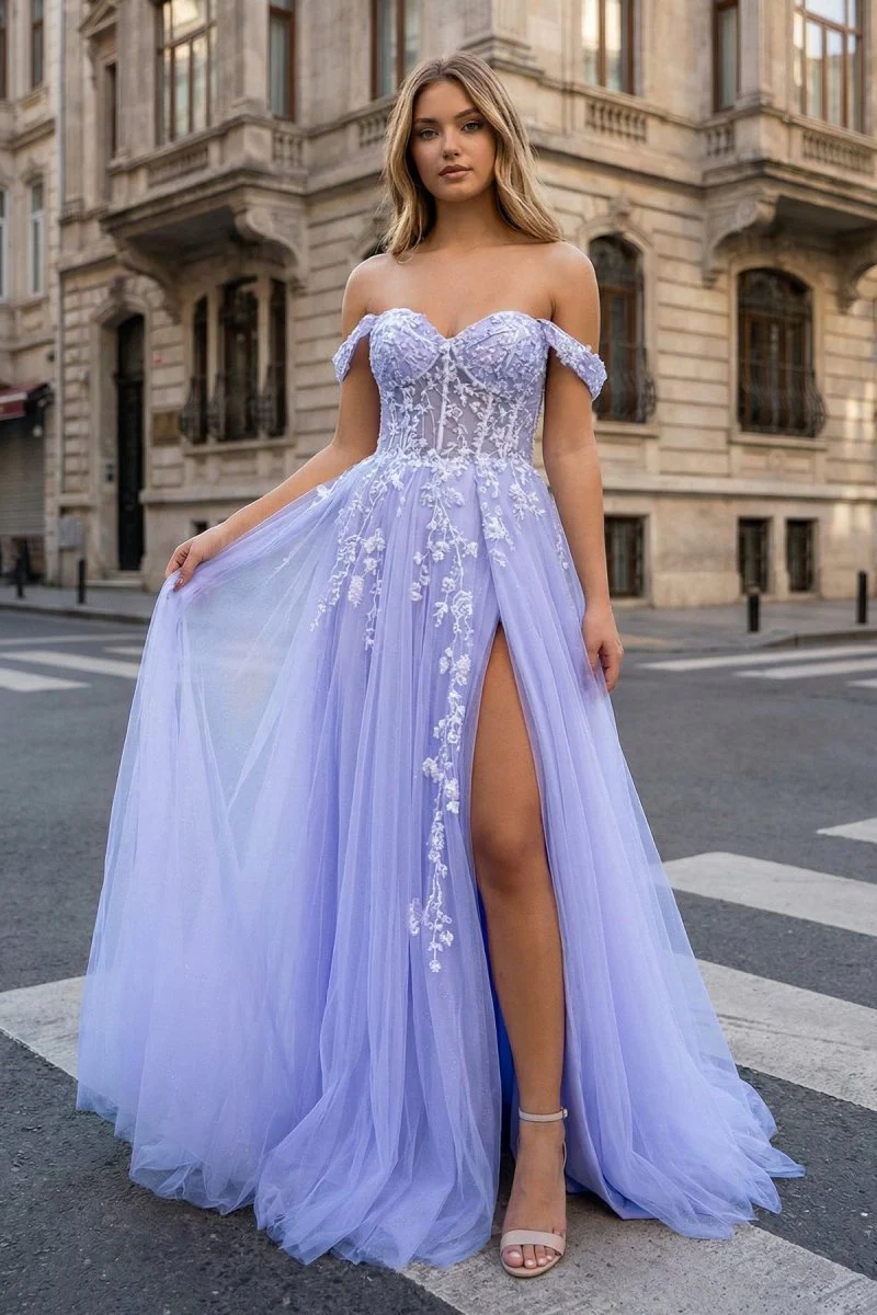 A Line Off the Shoulder Lace Tulle Prom Dress With Slit