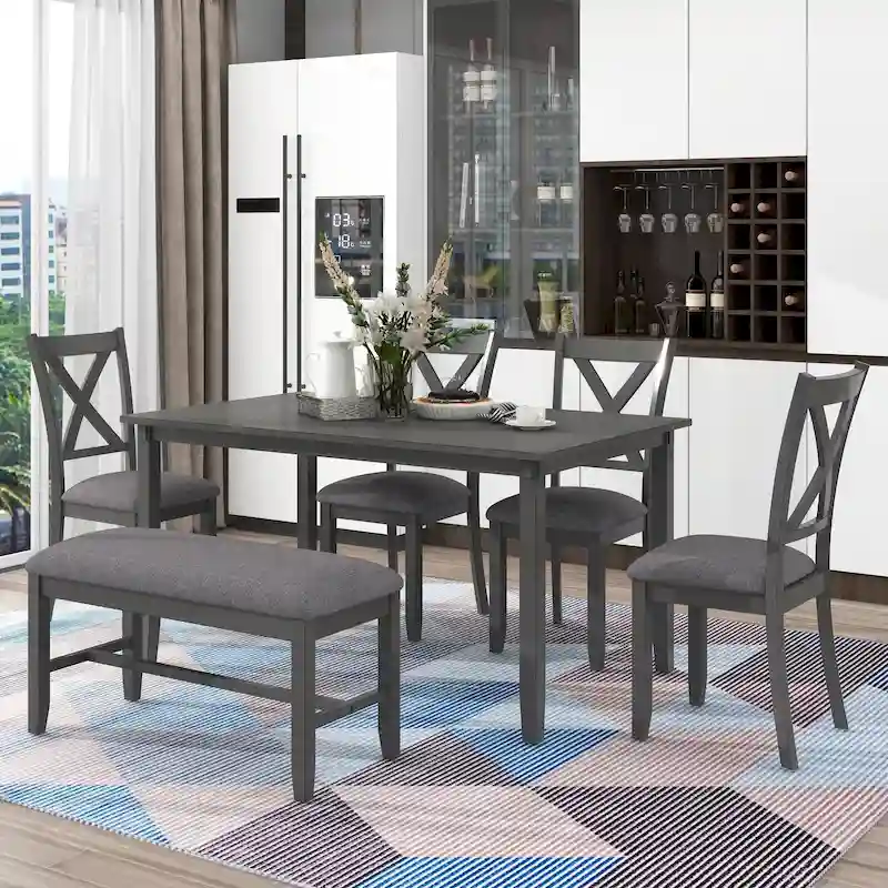 Gray Traditional 6-Piece Wooden Dining Table with 4 Upholstered Chairs and Bench
