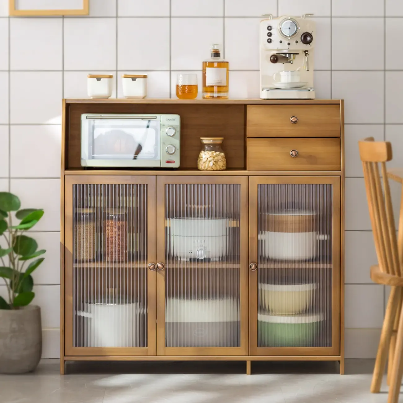 Minimalist Brown Bamboo Glass Door Buffet Cabinet